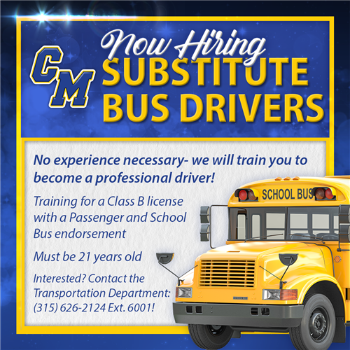 Graphic with image of school bus and text: Now hiring substitute bus drivers. No experience necessary.